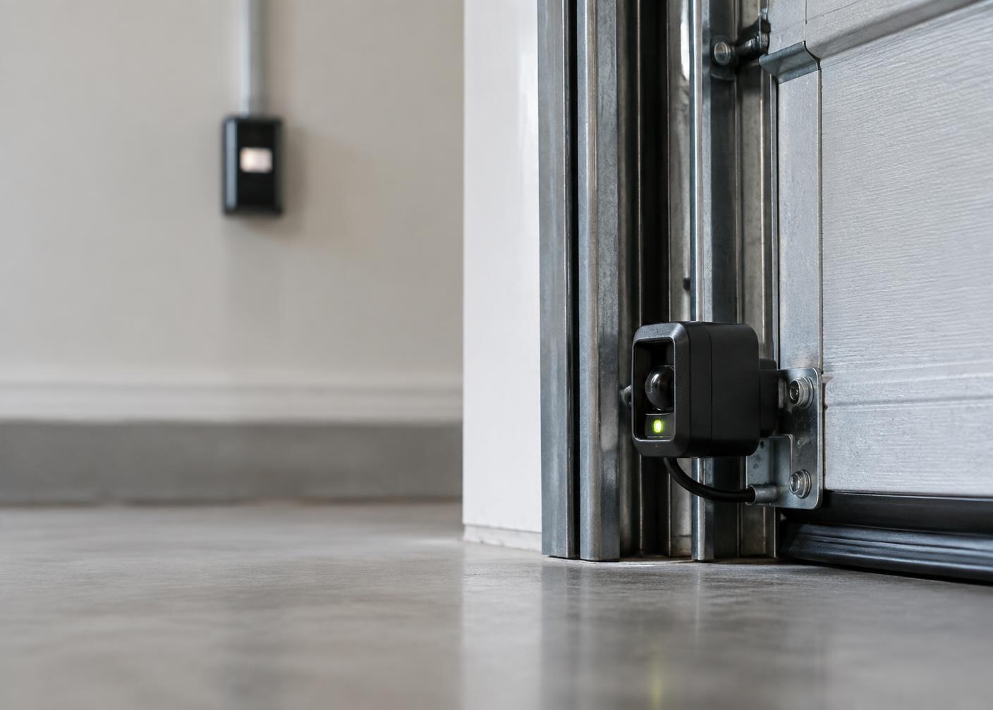 Garage door safety sensor with a green indicator light